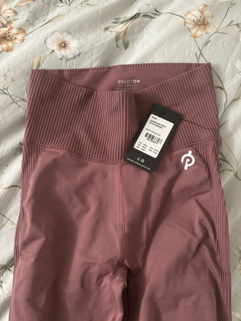 Peloton Ribbed High-Waist Leggings, bra set in Mauve
